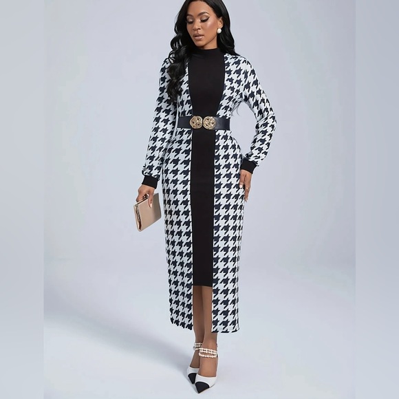 Houndstooth Print Belted Longline Blazer Dress - Black and White - Picture 2 of 4